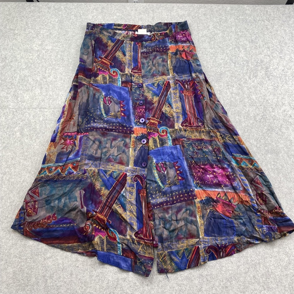 Susan Burrowes Skirt Womens Large (34 Waist) Abstract A Line Long Button Front